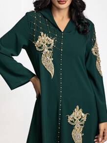 Layrah Handmade Moroccan Style Rhinestone Embellished Long Dress With Hood Kaftan Jalabiya Dress - Dark Green - View 3