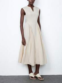 Lumivelle Women's Elegant Casual City Mid-Length Sleeveless Dress, Apricot Color, Flowing Crepe Fabric - Apricot - View 6