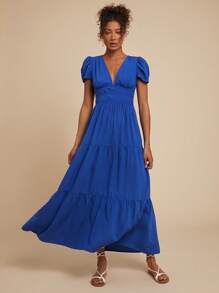 Travachic 女式褶皱 V 领蓝色泡泡袖连衣裙、休闲度假装、度假夏季沙滩装、女士连衣裙、女士度假装 - 藍色 - 查看 6