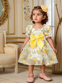 Baby Girl Light Yellow Floral & Grass Pattern Ruffle Sleeve Bow Decor Elegant & Fashionable Dress, Suitable For Outing, Family Gathering, Birthday Celebration Or Vacation - Yellow - View 2