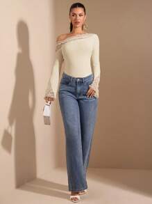 SHEIN BAE Bộ đồ liền thân tay loe cổ bẻ gợi cảm thanh lịch màu trơn mùa xuân và mùa hè dành cho nữ, thích hợp để mặc nhiều lớp vào mùa thu/đông, bộ đồ liền thân dệt kim gợi cảm, thích hợp để đi chơi, hẹn hò lãng mạn, tiệc tùng - Màu be - Xem 4