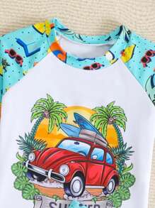Baby Boy Summer Beach Stylish Car Graphic Print Swimsuit Set, Infant Swimwear Set With Ocean Life And Tropical Plant Prints. A Fashionable Must-Have Item For Beach Vacation, Featuring Short Sleeve Design, Blue And White Color Contrast, And Cute Car Cartoon Pattern. Vibrant And Lively, Suitable For Adorable Boys To Wear When Playing At The Beach During Holiday. - Multicolor - View 5
