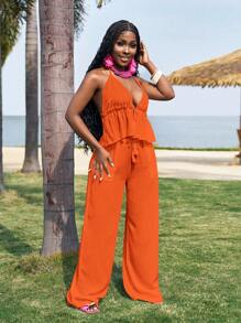 Slaydiva 全新休闲度假露背吊带上衣+阔腿超长裤竹纤维白色女款两件套-M - 橘色 - 查看 5