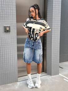 SHEIN Teen Girl's Y2K Spring Summer Break Fashionable Low Rise Wide Leg Baggy Denim Long Shorts With Buckle Detail And Fold-Over Pockets,Summer Beach Boho Concert Rave Festival Outfits