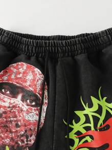 ROMWE MEN Street Life Men's Letter & Hip Hop Figure Printed Distressed Drawstring Waist Shorts - Black - View 5