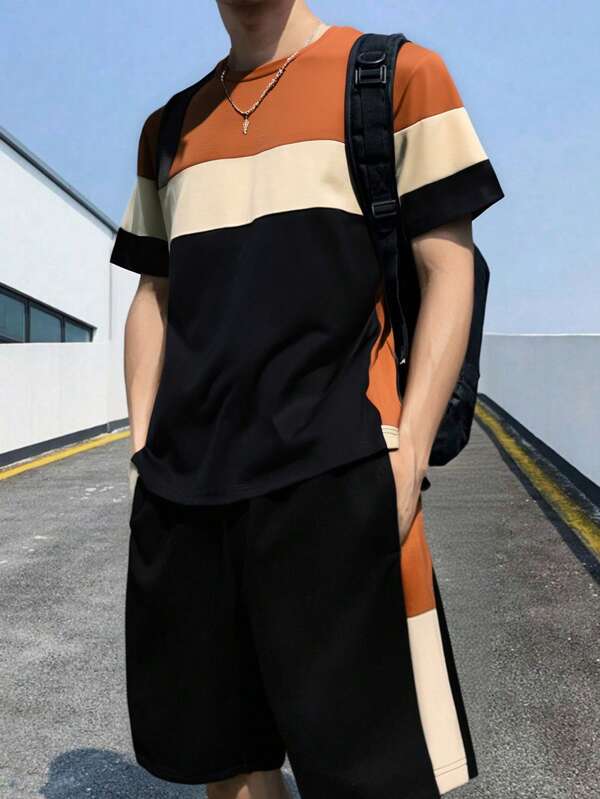 Teen Boys' Casual Colorblock T-Shirt And Shorts Set, School, Campus, College
