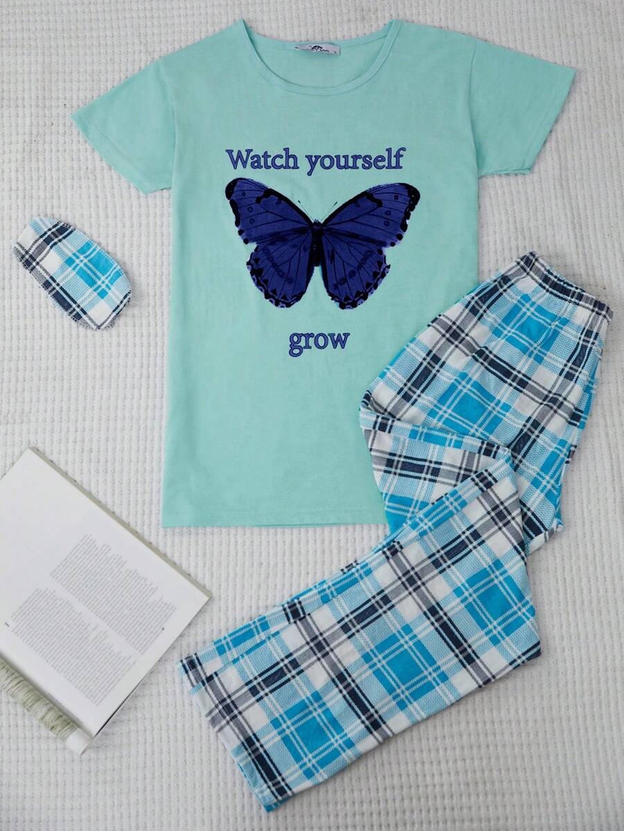 RueChic Butterfly And Plaid Print PJ Set - Multicolor - View 1