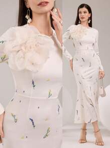 Modelyn Women's Elegant 3D Floral Decor Mermaid Fitted Arabic Style Dress - Multicolor - View 1