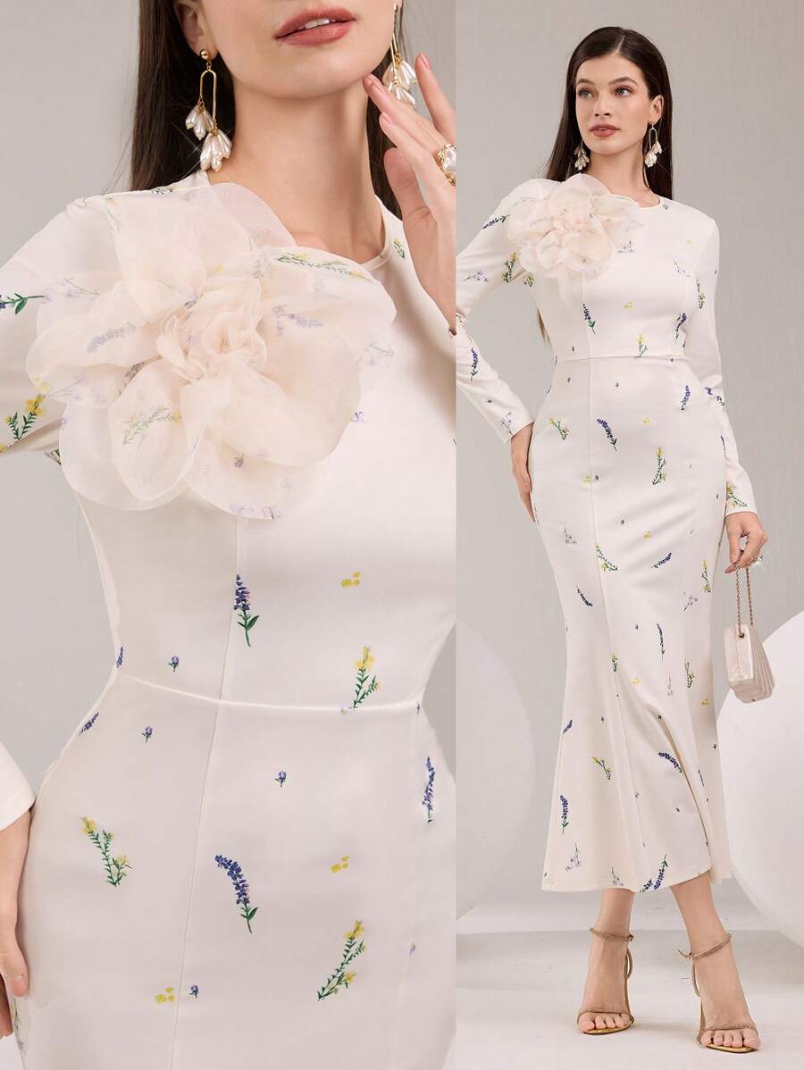 Modelyn Women's Elegant 3D Floral Decor Mermaid Fitted Arabic Style Dress - Multicolor - View 1