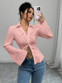 Elenzga 女士白色 V 领衬衫秋季修腰休闲上衣 - 粉色 - 查看 4