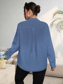 EMERY ROSE Plus Size Casual Solid Color Long Sleeve Shirt - Dusty Blue - View 2
