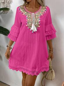 EMERY ROSE Women Fashionable Notched V-Neck Dress With Colored Pom-Pom Decoration Vacation Beach Outfit - Hot Pink - View 5