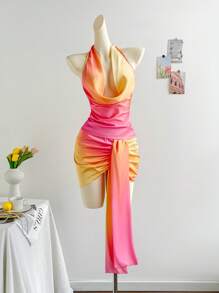 Soleia 女士粉色日落渐变色垂坠领背心和透明渐变色印花裹身裙套装，适合度假、海滩、夏季 - 粉色 - 查看 3