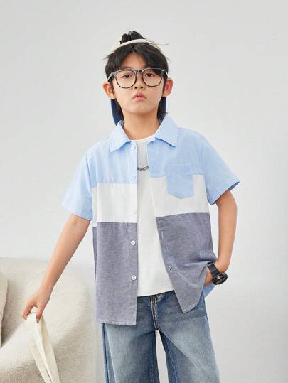SHEIN 少年男孩鬆身休閒拼色短袖鈕扣領襯衫