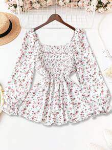 SHEIN LUNE Chemise à manches évasées et épaules dénudées à fleurs Ditsy pour grandes tailles, design ample et flatteur pour l'automne, style campagne - Multicolore - Voir 1