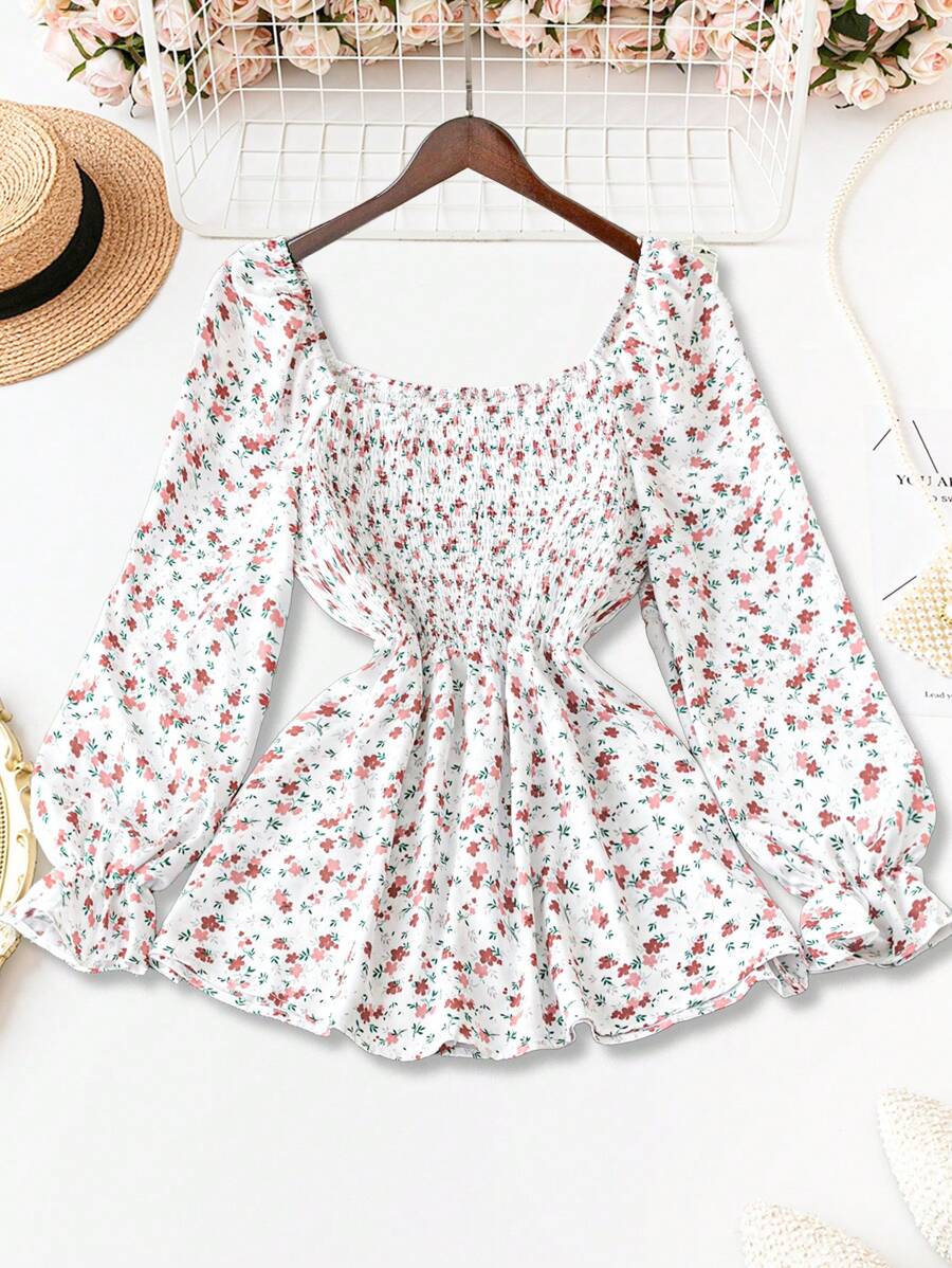 SHEIN LUNE Chemise à manches évasées et épaules dénudées à fleurs Ditsy pour grandes tailles, design ample et flatteur pour l'automne, style campagne - Multicolore - Voir 1