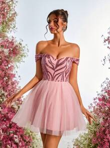 Lovelzi Vestido corto de princesa con un hombro, de línea A, de tela de malla con lentejuelas, elegante, romántico, lindo, de estilo hada, para primavera y verano, color rosa, adecuado para vacaciones, festivales, invitados de boda, graduación, ceremonias de apertura, fiestas de cumpleaños, bailes, vestido de graduación. - Rosa - Ver 6