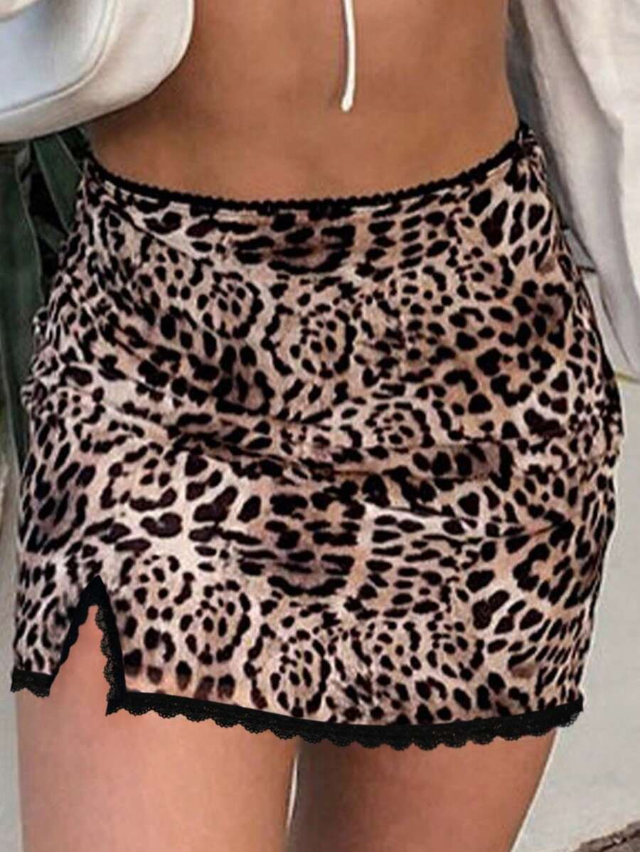 SHEIN SXY 女士时尚豹纹蕾丝边开衩下摆半身裙 - 彩色 - 查看 1