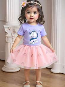 Baby Girls Sweet Unicorn Print Knitted Short Sleeve Top And Embroidered Rainbow Skirt 2 Pieces Set, Summer - Pink - View 1