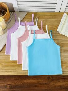 SHEIN Genkimix Kids 5 件/包年轻女孩牛奶丝简约吊带背心上衣带蝴蝶结，休闲舒适针织内衣，适合日常穿着 - 彩色 - 查看 2