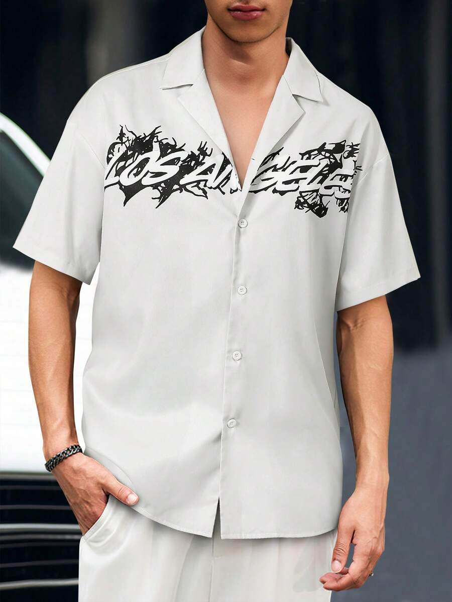 Manfinity Hypemode Men's Letter Print Lapel Neck Single Breasted Casual Short Sleeve Shirt - Multicolor - View 1