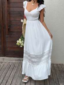 Sunnyshic Váy ren hở lưng đơn sắc giản dị cho kỳ nghỉ bãi biển hàng ngày đa năng dành cho nữ, mùa xuân/hè - trắng - Xem 6