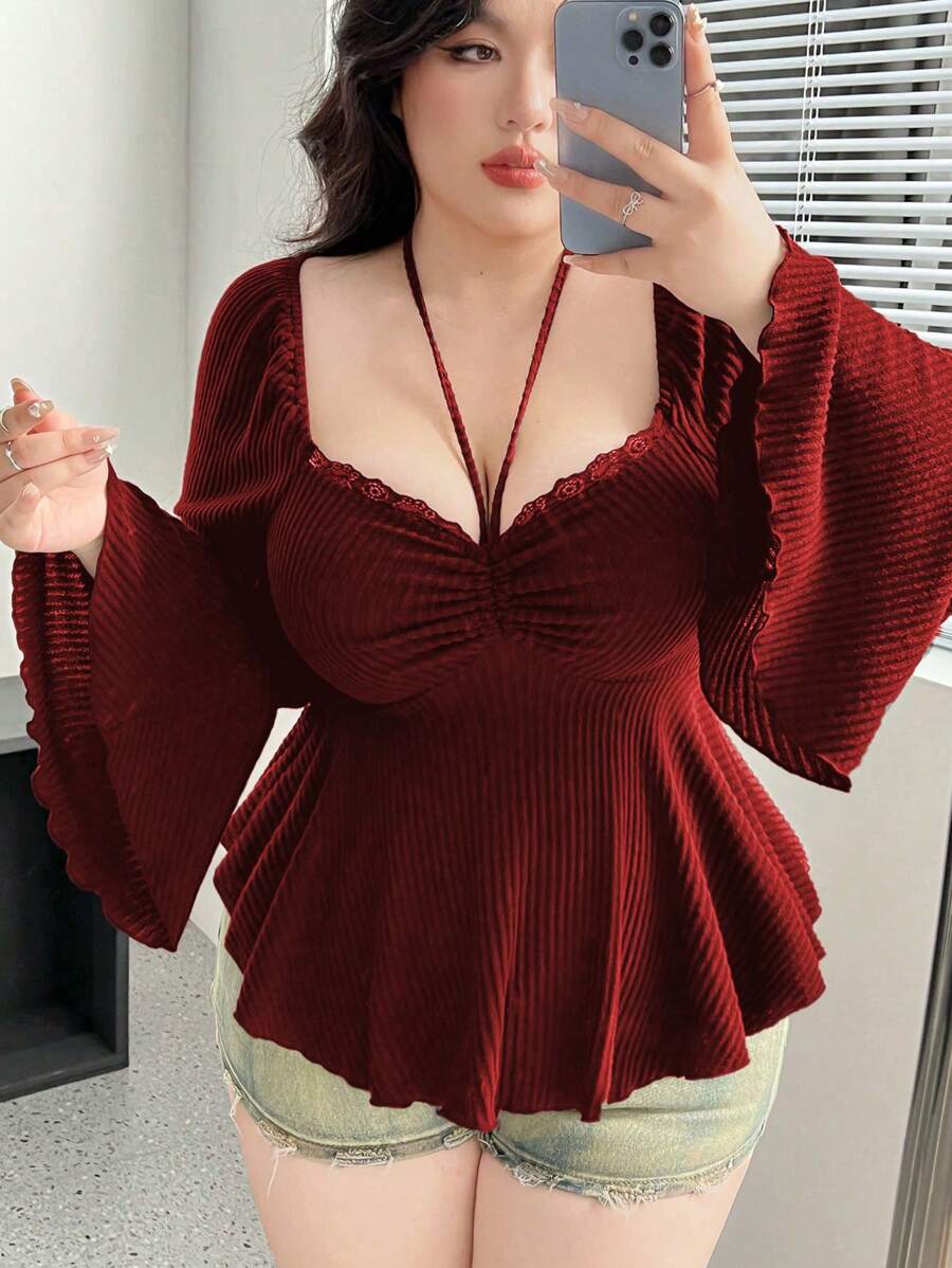 Flirla Kaos A-Line Model Halter Neck Lengan Lonceng Pinggang Ramping Warna Polos Elegan Ukuran Plus untuk Wanita - Burgundy - View 1