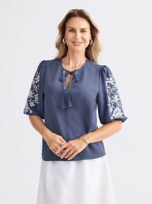 Miaspire Women's V-Neck Vacation Style Fringed Rope Mid-Long Sleeve Blue Fabric Positioning Print Shirt - Blue - View 6