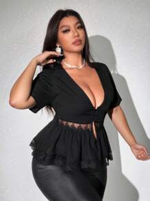 Viva Relle Áo sơ mi ren mùa hè gợi cảm cỡ lớn, trang phục nữ - màu đen - Xem 4