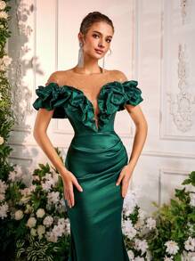 Glamrae Elegant Luxurious Rhinestone Decorated Mesh Mermaid Fishtail Gown With Train, Suitable For Wedding, Party, Holiday, Gala, Evening Formal Dress, Wedding Guest Dress