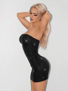 SHEIN ICON Y2K 性感派对俱乐部装黑色露肩紧身闪亮迷你连衣裙 - 黑色 - 查看 3