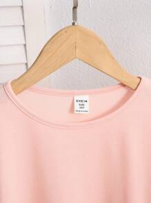SHEIN Tween Girls' Plain Knit Round Neck Loose Casual Vacation Short Sleeve T-Shirt - Baby Pink - View 3