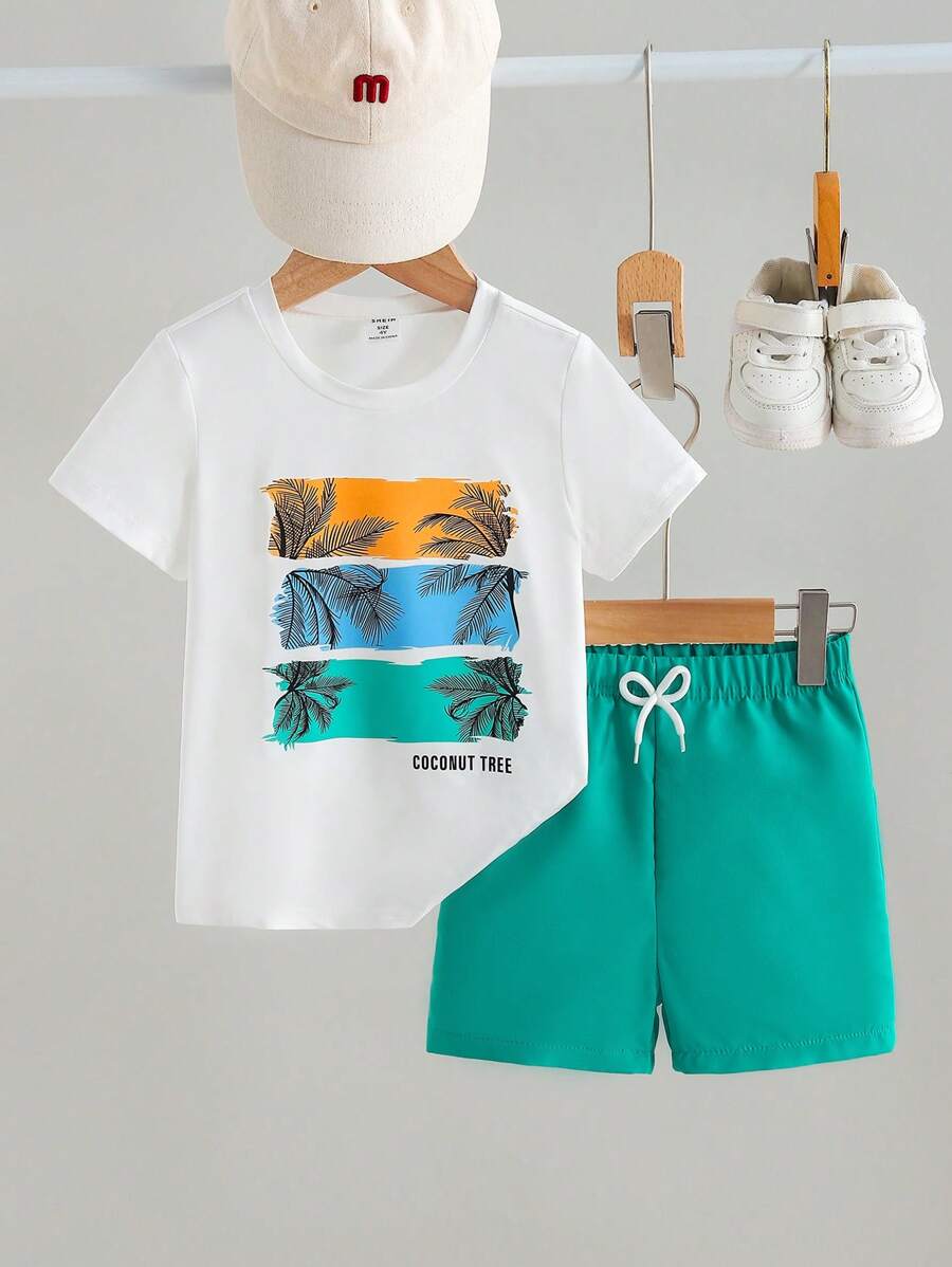 SHEIN 2pcs Young Boys' Casual Set - "Young Boy" Printed Short Sleeve T-Shirt And Shorts Summer Holiday - Multicolor - View 1