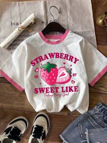 SHEIN Maglietta girocollo a maniche corte da ragazza pre-adolescente, con stampa casual minimalista a fragole americane, adatta per l'estate