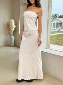 SHEIN EZwear Apricot Linen Bandeau Top And Long Skirt Set