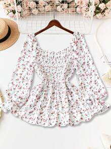 SHEIN LUNE Chemise à manches évasées et épaules dénudées à fleurs Ditsy pour grandes tailles, design ample et flatteur pour l'automne, style campagne - Multicolore - Voir 2