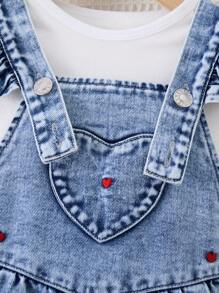 Baby Girl Heart Embroidery Ruffle Hem Jumpsuit,Holiday,Summer,Travel - Light Wash - View 4