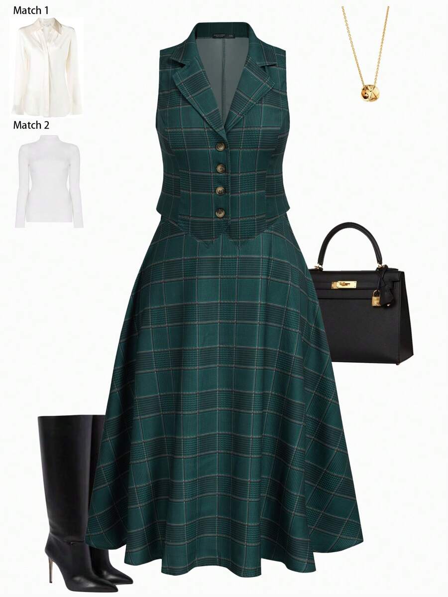 Celure 一套大码女式格子单排扣翻领马甲和中长裙优雅两件套