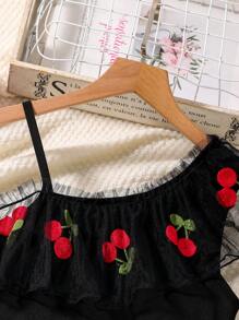 SHEIN Tween Girl Cherry Print Ruffle Trim Asymmetric Neck Fashion Dress - Black - View 4