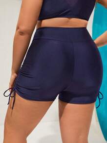 Swim SPRTY Plus Size Women Solid Color High-Waist Pocket Bikini Shorts, For Vacation For Summer - Blue - View 3