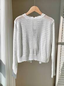 Comfortcana Trang phục bãi biển cho phụ nữ  Summer Bow Tie Women Casual Solid Color Hollow Out Crochet Lace Up Sweater - trắng - Xem 3