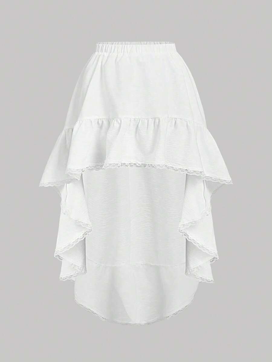 SHEIN MOD 大码白色不对称下摆裙，带有褶皱分层下摆和褶皱饰边，梦幻浪漫的波西米亚风格，西部风情，度假，野餐，海滩 - 白色 - 查看 1