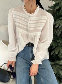 DAZY Áo sơ mi nữ cổ đứng, ren, màu trơn, tay dài, bèo nhún, quần áo mùa thu - trắng - Xem 9