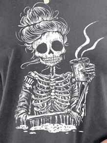 SHEIN LUNE Camiseta de verano de manga corta, cuello redondo, corte slim y talla grande, con estampado minimalista casual de calavera, para mujeres