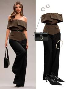 SHEIN BAE Damen Mode Off-Shoulder einfarbige Blazer Anzug, Pendler-Outfit für Herbst/Winter