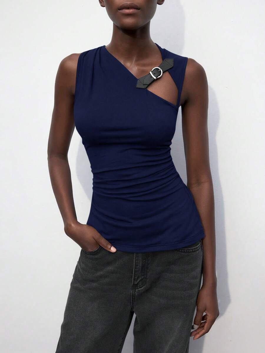 Maija Women's Black Slim Fit Snap-Strap Decor Urban Chic Versatile Top With Black Hollow-Out PU Leather Decor Sleeveless, Modern City Casual,Going Out Tops Women - Navy Blue - View 1