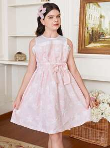 SHEIN DRMZ Tween Girl Tween Girl Plain Texture Fabric Splicing Satin Sleeveless Dress, 3D Design, Preintegrated