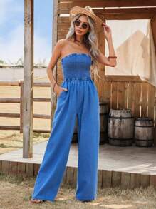 Breezaya 女士度假休闲露肩牛仔连身裤 - 藍色 - 查看 6