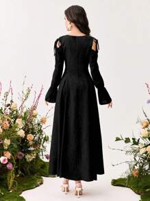 Modelyn Women's Solid Color Single-Breasted Open Shoulder Long Sleeve Elegant Dress - Black - View 2