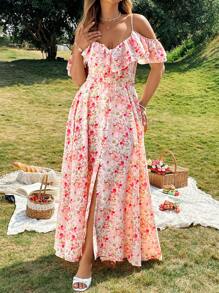 Roveilla Sukienka damska w dużych rozmiarach z kwiatowym nadrukiem, falbaniasta, z odkrytymi ramionami i rozcięciem na dole, elegancka, świąteczna